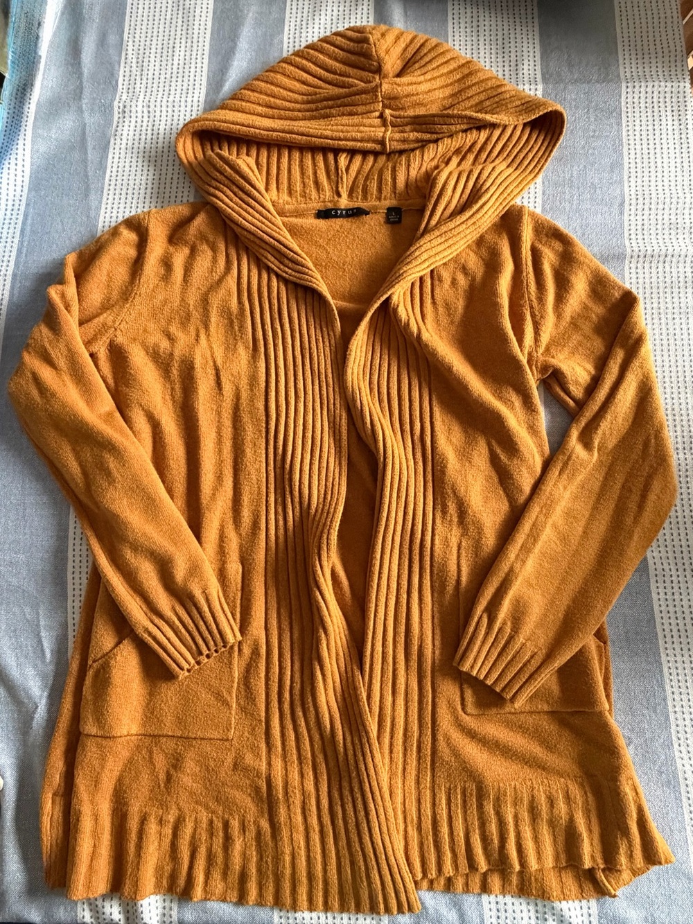 Cyrus Open-Front Ribbed-Trim Hooded Cardigan- Mustard - Picture 2 of 6